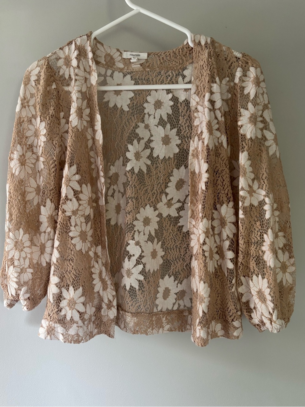 Maurices Cream Floral Lace Open Cardigan with Tan Accents